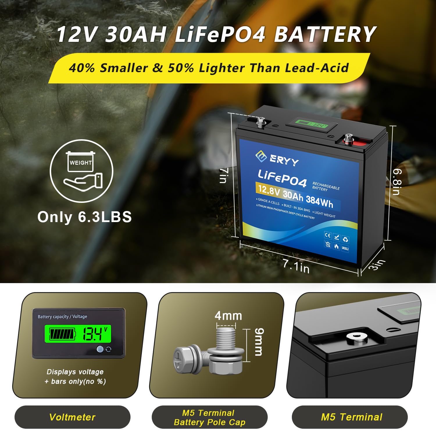 Batteria LiFePO4 12V 30Ah, Batteria al Litio con 5000+ Cicli e BMS 30A, Batterie Ricaricabile Leggera per Camper, Attrezzatura da Campeggio,Motori per Pesca,Accumulo Solare/Domestico,Ecoscandagli