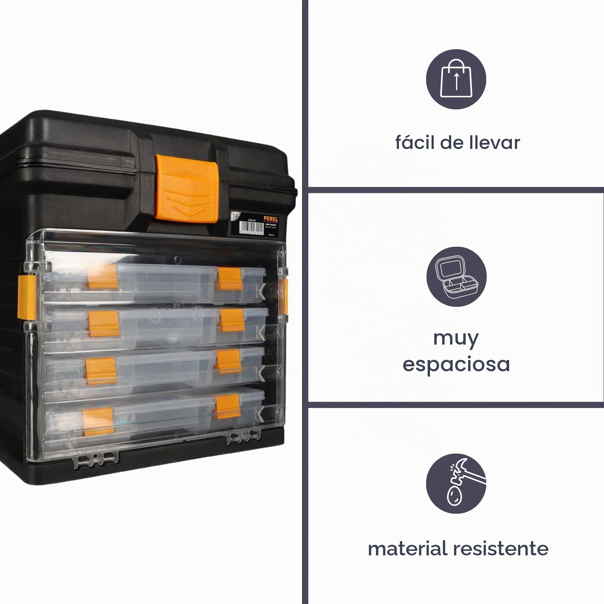 Perel Caja de almacenamiento multifuncional, polipropileno, 5 PC, portátil, con 4 cajas extraíbles para accesorios, negro/naranja, 340 x 272 x 341 mm