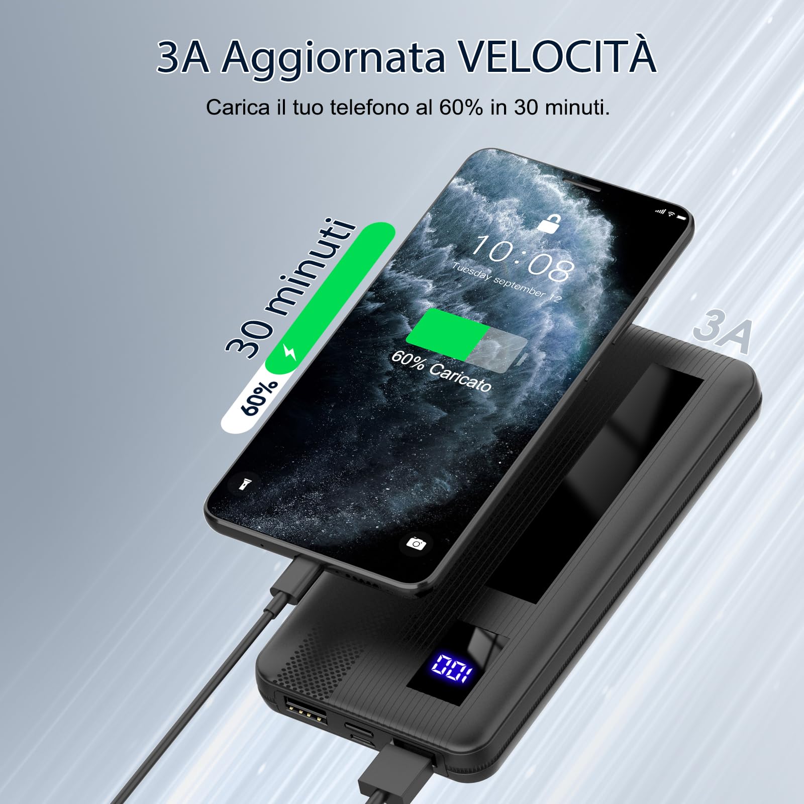 Dbasne Power Bank, 10000mAh powerbank,15W compatta Caricatore Portatile, con USB Input (USB C) & Output Batteria Esterna con Display Digitale LED per iPhone Samsung Huawei Xiaomi ecc(2024 nero)