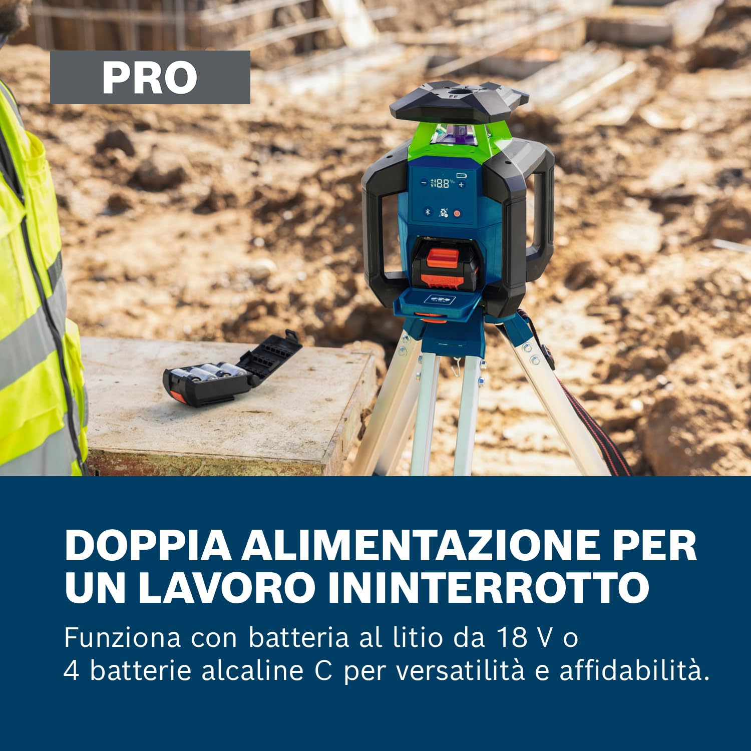 Bosch PRO 18V System Livella Laser Rotante GRL18V‑4‑34CVG (laser verde, regolazione pendenza ±15%, IP66, doppia alimentazione, incl. ricevitore LR45, ProCore 4.0Ah, caricatore e L‑BOXX 374)