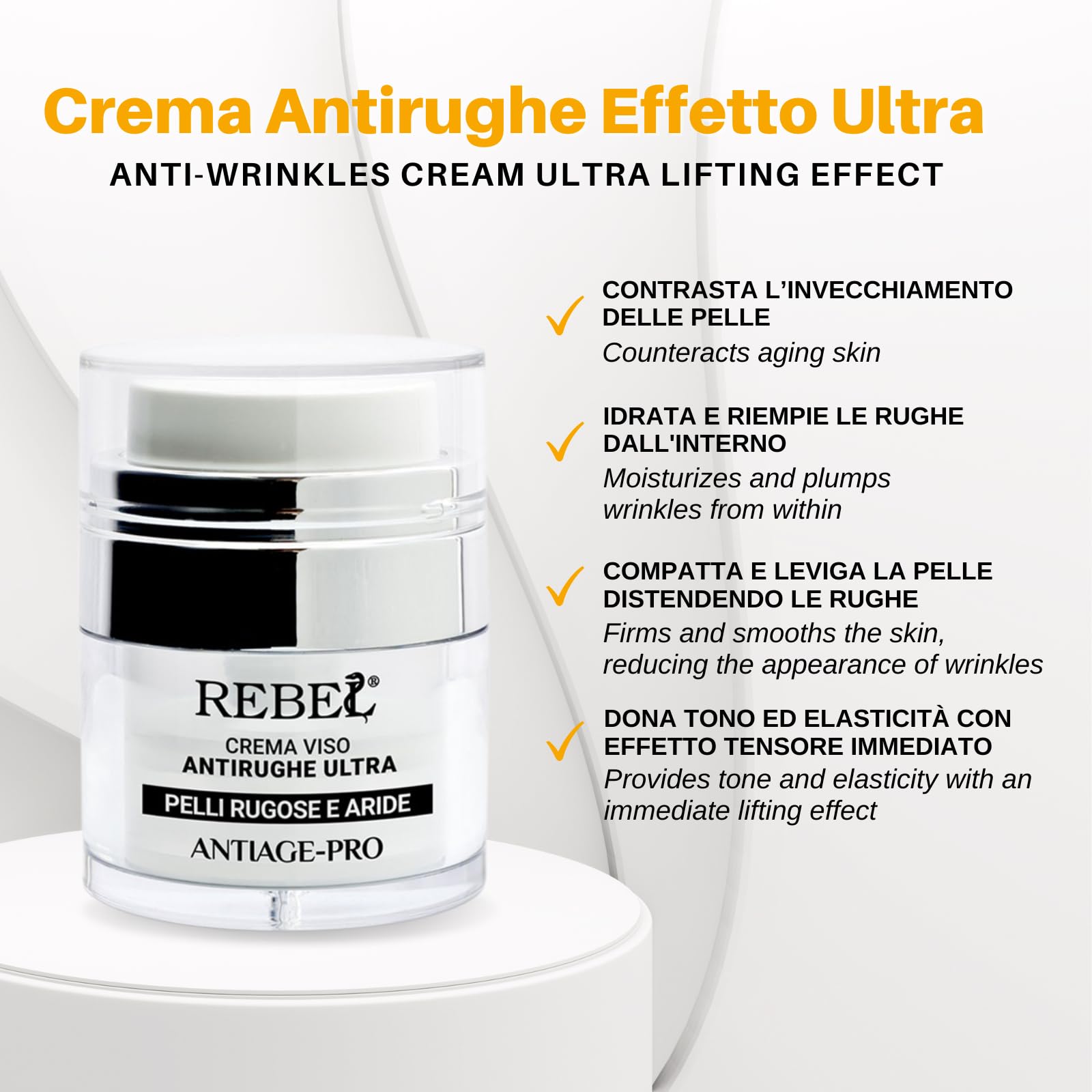 Rebel Antiage Pro Crema Viso Effetto Antirughe Ultra | Crema Antirughe e Antietà Giorno e Notte| Trattamento Rughe Intensivo | Con Peptidi e Acido Ialuronico | 50 ml