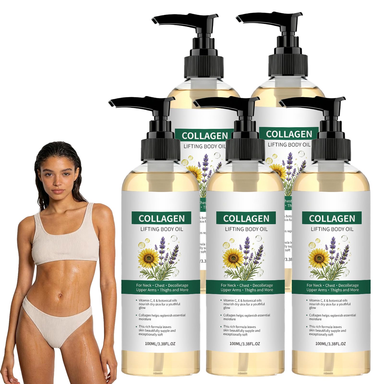 Aceite corporal reafirmante con colágeno para piel flácida, para mujeres (5pcs)