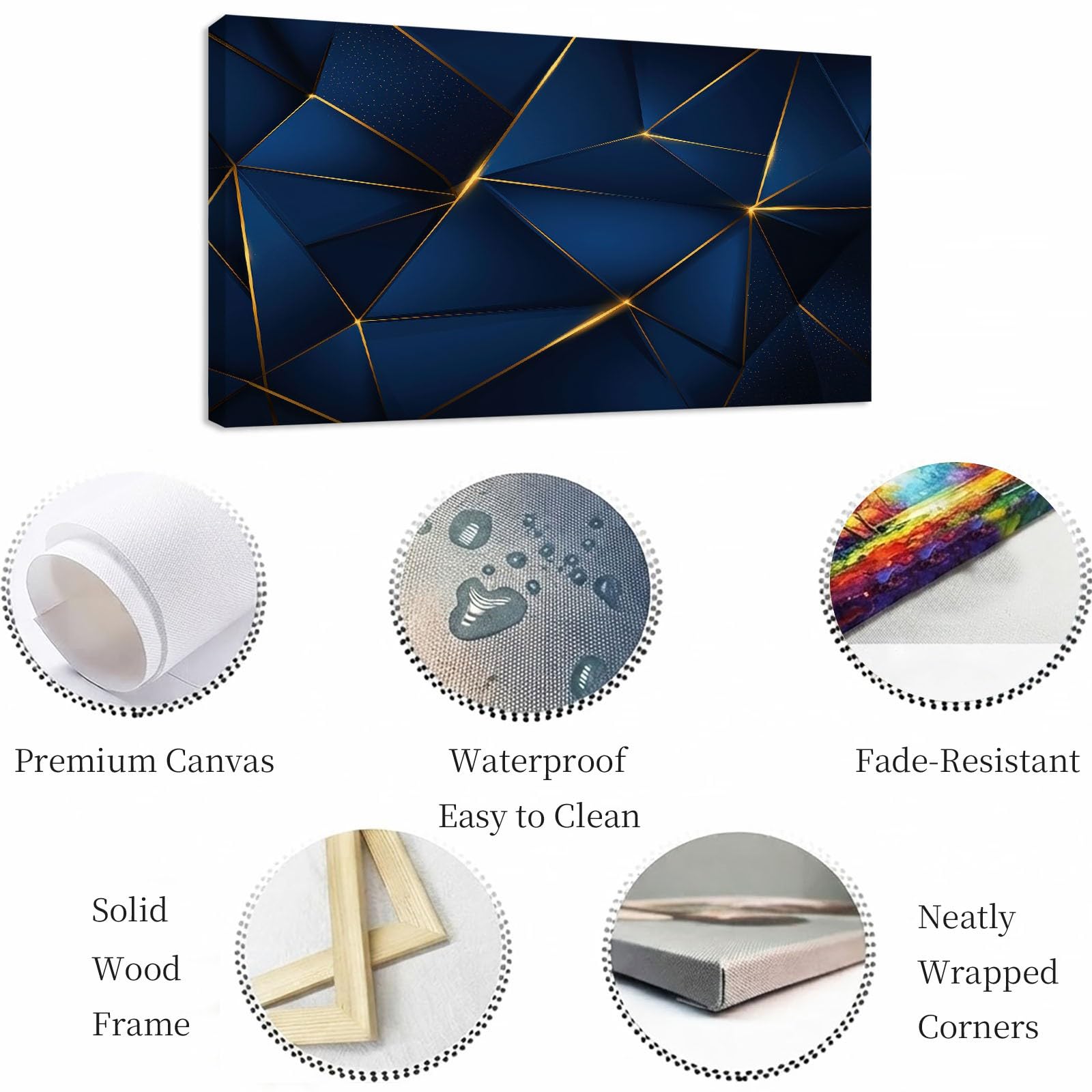 Lienzo decorativo con marco abstracto moderno para salón, 70 x 50 cm, diseño geométrico azul, poligonal, triángulo, cuadros para dormitorio, oficina y baño