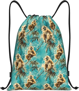 Tropical Cute Monkey Print Drawstring Backpacks, Small Gym Bags for Men Women, Draw String Back Bags for Sports, Swimming, Beach, Travel