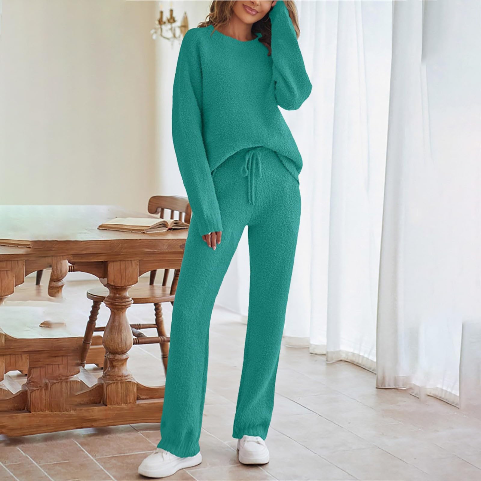 Pigiama lungo da donna, morbido e caldo, set di biancheria da notte in pile, 2 pezzi, maglioni e pantaloni di peluche con coulisse, tinta unita, per il tempo libero, comodo locker