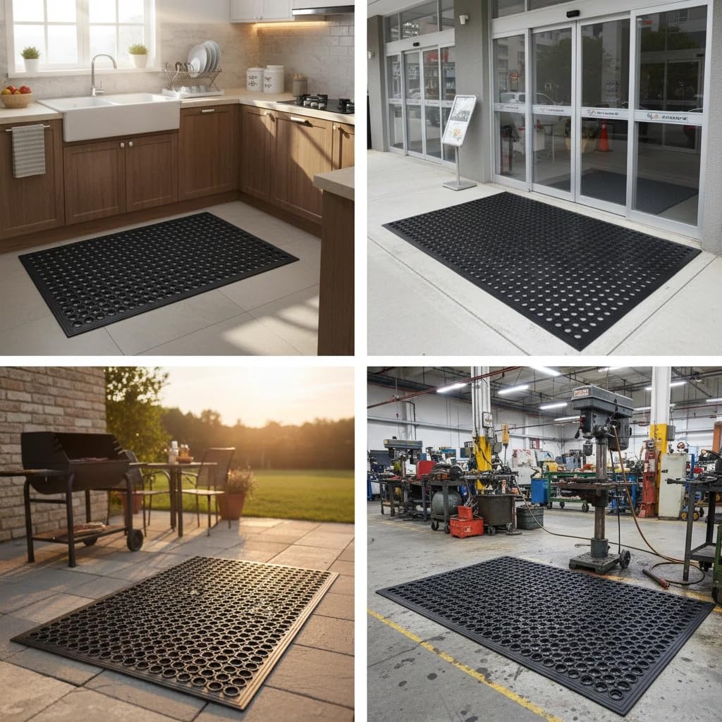 Strapazierfähige Gummimatte mit rundem Loch-Design, rutschfeste, wasserdichte Matte für den Innen- und Außenbereich, ideal für Küche, Werkstatt, Terrasse und Eingangsbereich, Schwarz, 50 x 80