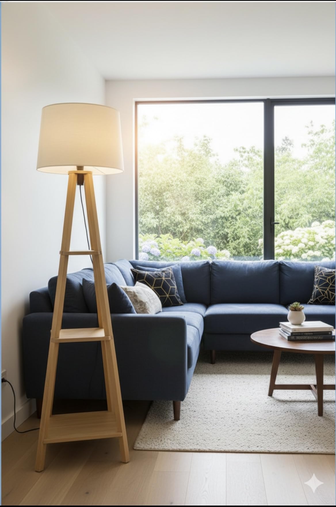 Modern Floor Lamp with Storage Shelves, Wooden Frame, Linen Shade, Stylish Standing Light for Living Room, Bedroom, and Home Décor (Multicolor)-image-10