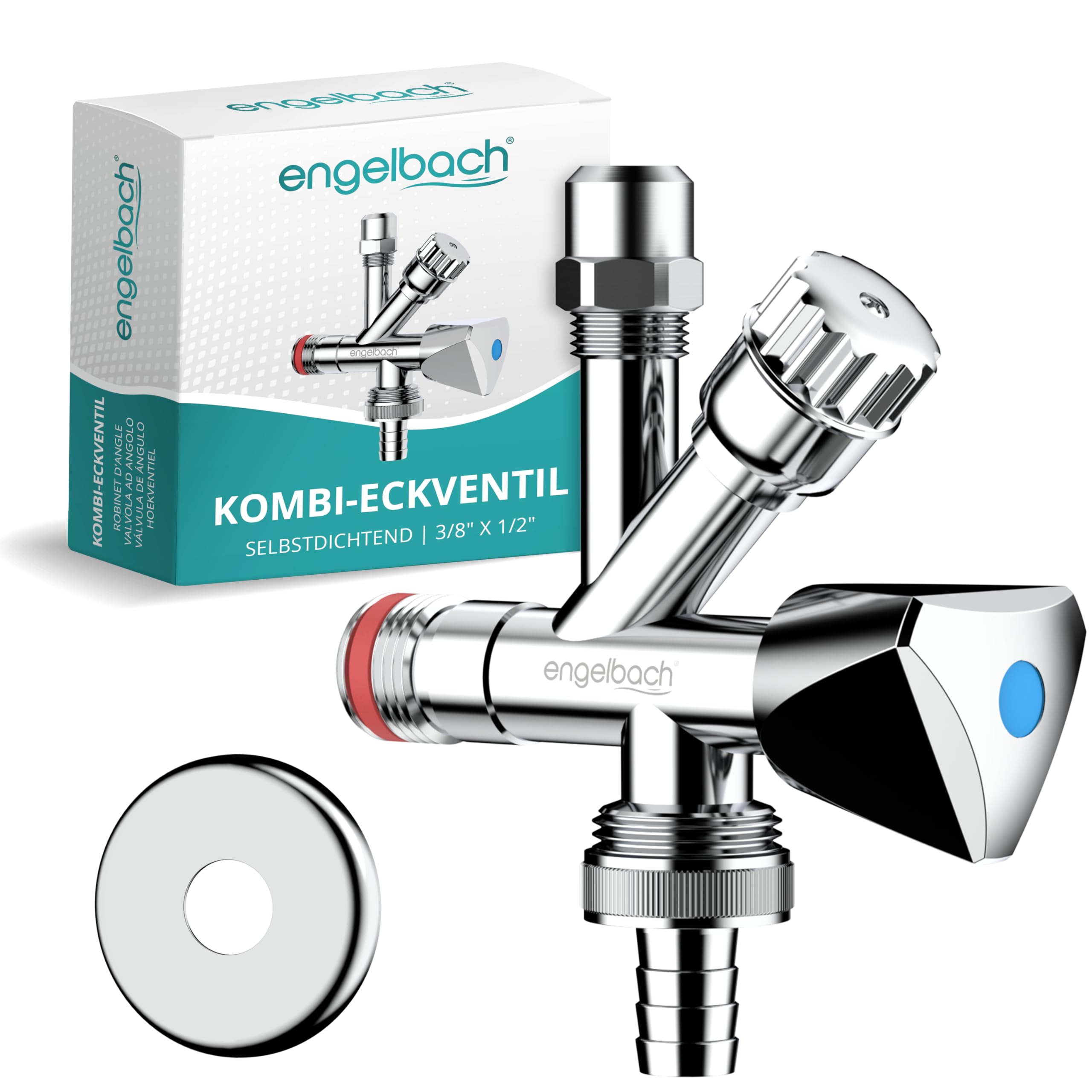 Engelbach® Kombi Eckventil 1/2 Zoll selbstdichtend mit Rückflussverhinderer - Für Kalt- und Warmwasserleitungen mit vielfältigen Anschlussmöglichkeiten