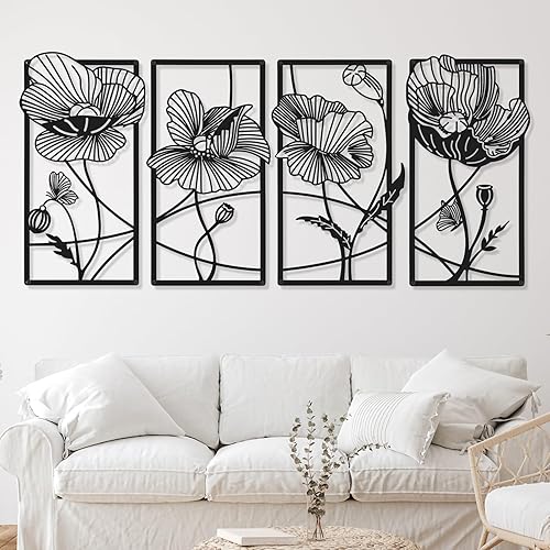 4 Pcs Wall Decor Metal Floral Minimalist Line Art Wall Living Room Bedroom Flower Aesthetic Modern Sculpture Poppy Theme Hanging Home Kitchen Bathroom Decorations (Black, Elegant)