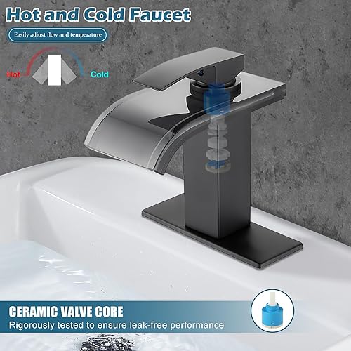 Miniatura 5 de Midanya Grifo de lavabo de baño LED, mango de cascada negro mate, mango de un solo agujero, grifo de baño de 3 colores cambiantes, boquilla de