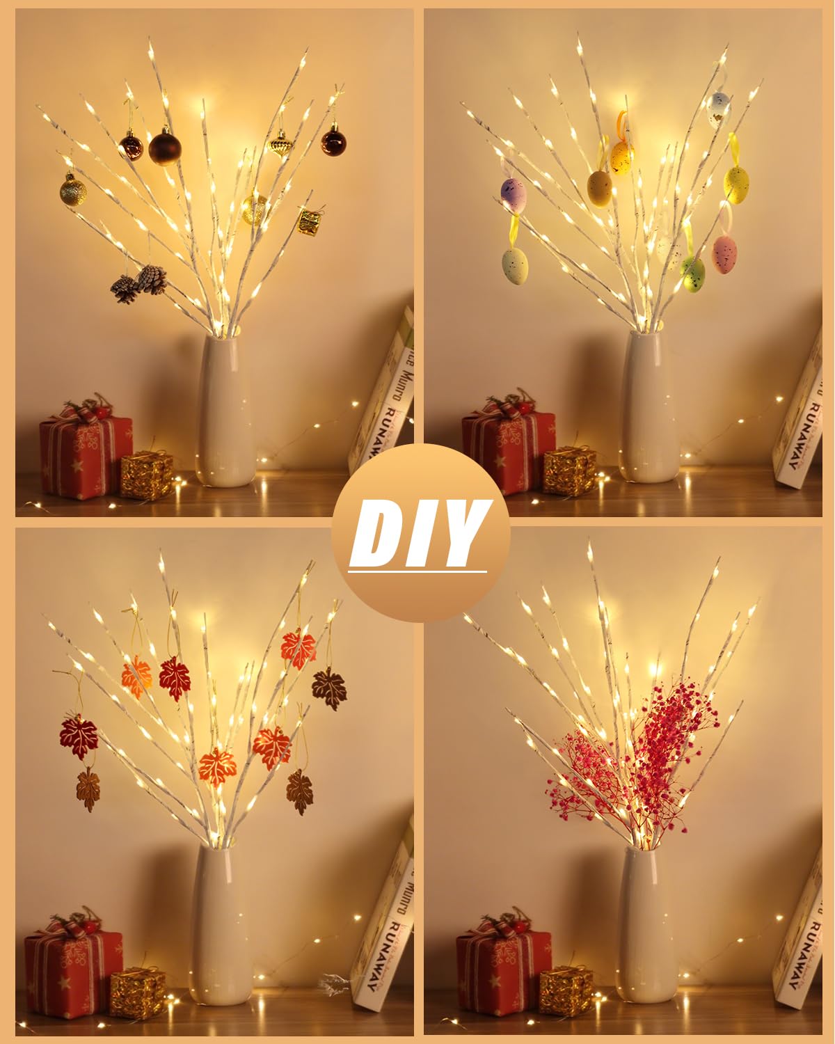 Kinamy Arbol Led, Juego de 3 Ramas de Luz 60 LED 8 Modos con Enchufe, Luces Arbol Navidad con Control Remoto y Temporizador, Decoración para Navidad, Thanksgiving, Pascua