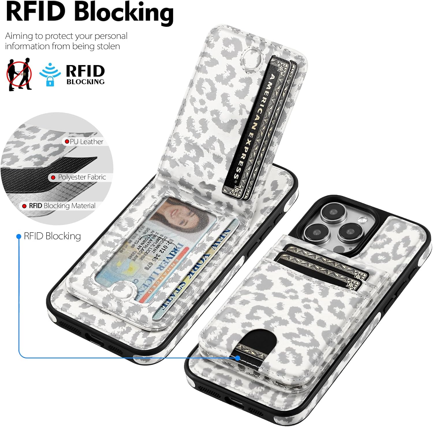 for Compatible Magsafe Magnetic 2 in 1 Detachable iPhone 13 Pro Max Wallet Case with Card Holder,for Women Men,PU Leather RFID Blocking Credit Slots Kickstand,Leopard-White - Image 2