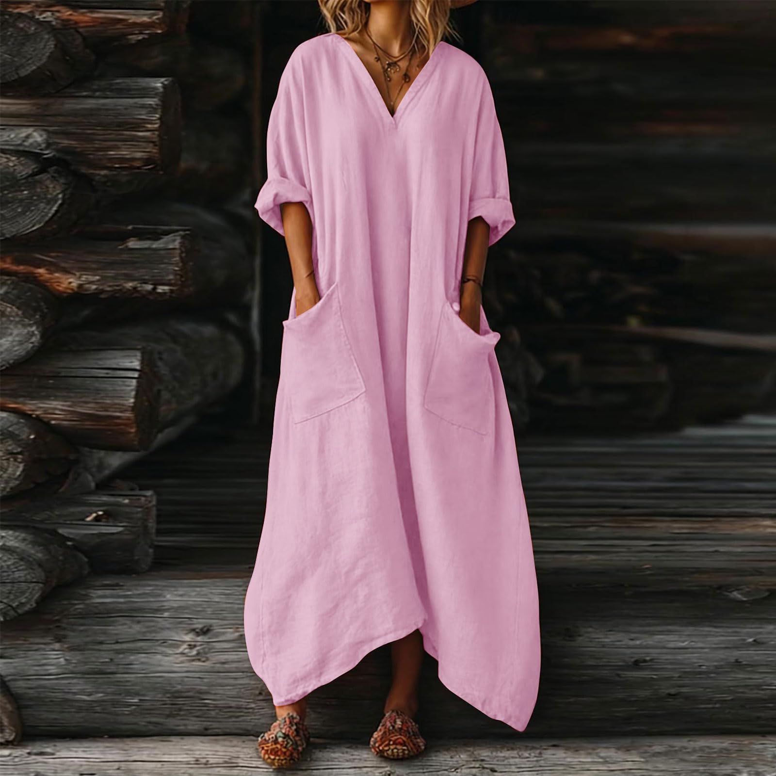 Générique Robes Ete Femme Longue Fluide Bretelles Fines Robe Maxi Débardeur Lin Coton Femme Décontractée Col V sans Manches Coupe ALigne Couleur Unie Robe De Plage Élégante (,)