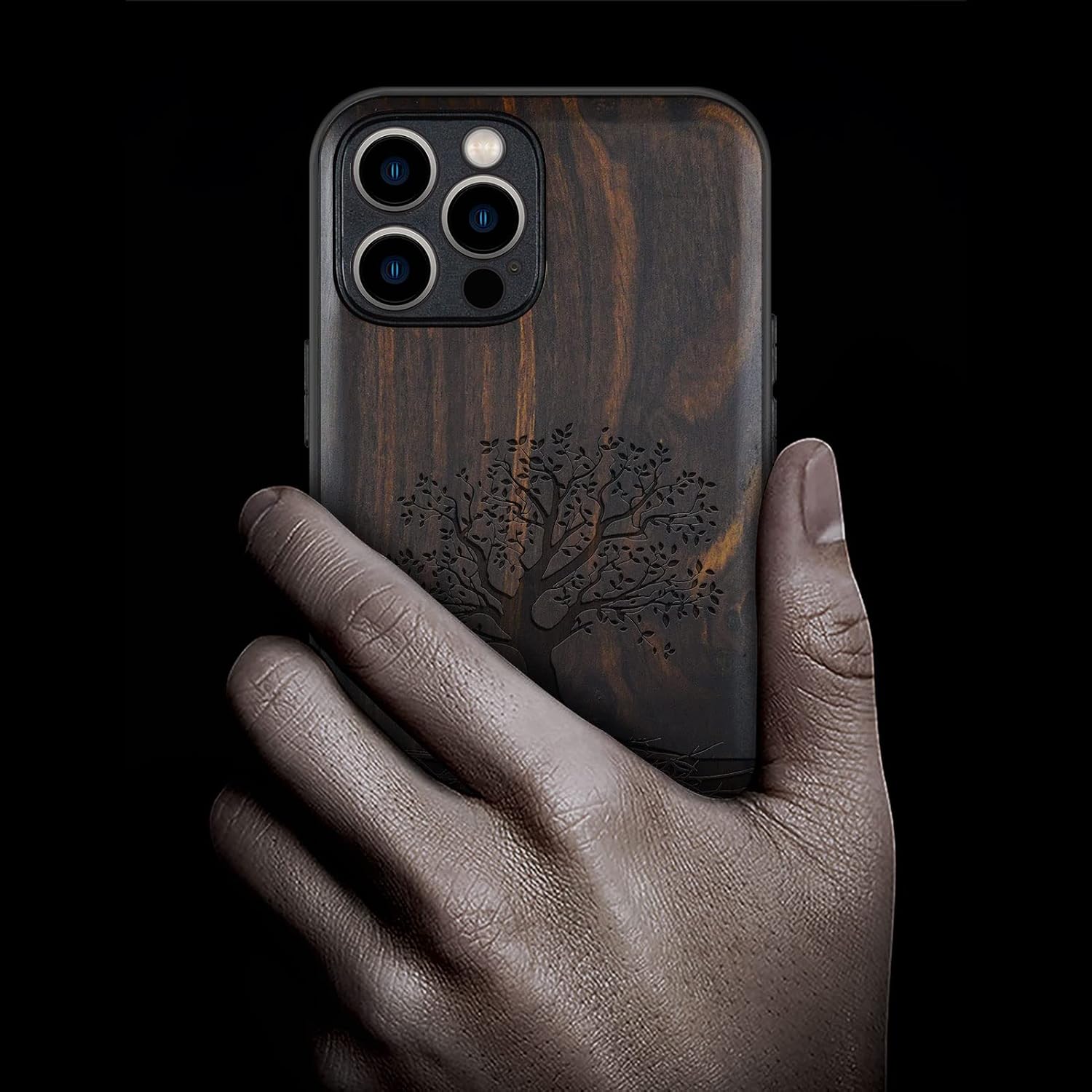 Carveit Magnetic Wood Case for iPhone 12 Pro - Hard Real Wood & Black Soft TPU - Shockproof Protective Cover - Unique & Classy Wooden Case - Compatible with MagSafe (Tree with Roots-Blackwood)