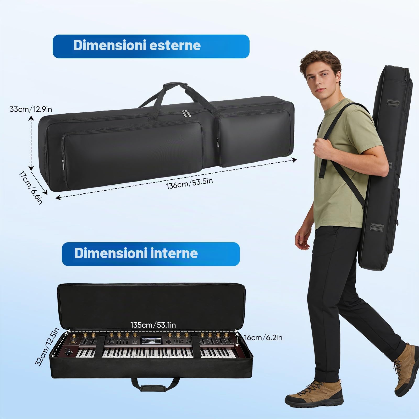 Custodia per tastiera a 88 tasti, custodia portatile per pianoforte elettrico di trasporto, imbottita in robusto tessuto Oxford 600D, con 2 tasche frontali e spallacci regolabili, 137x27x13cm