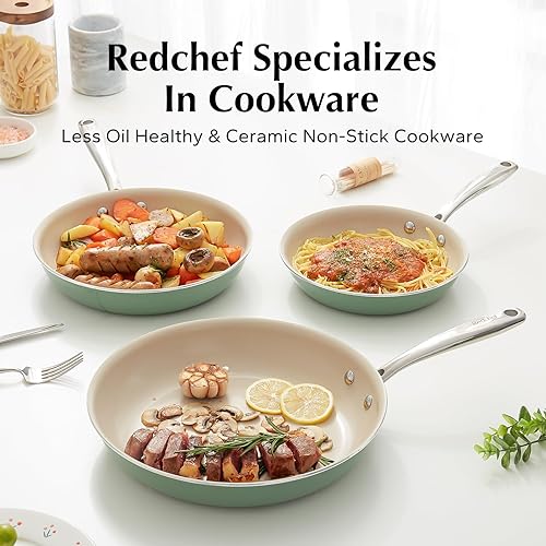 Miniatura 8 de Redchef Juego de sartenes antiadherentes, sartenes de cerámica no tóxicas para cocinar, juego de sartenes de 8, 9.5 y 11 pulgadas, sin PFAS y PTFE y