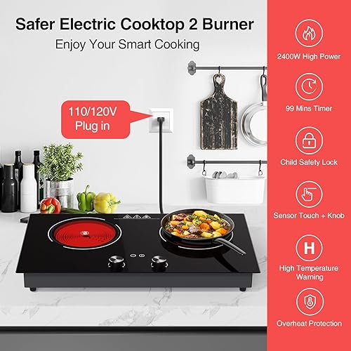 Miniatura 3 de Cocina eléctrica de 2400 W estufa eléctrica de 24 pulgadas, placa caliente de 2 quemadores, placa de cocción de doble quemador, encimera de control