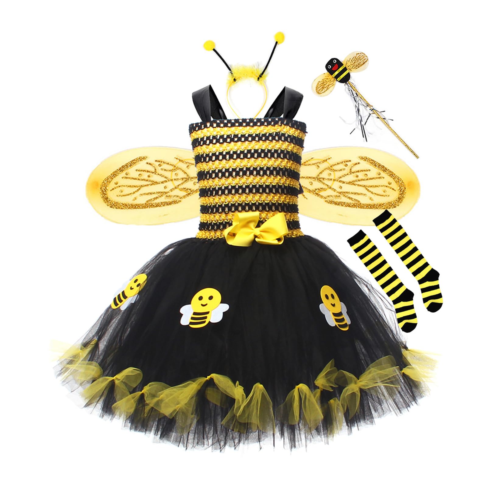 Feclmiyt Kids Bumble Bee Costume Girls Halloween Queen Bee Costume Princess Tutu Dress+Headband+Leg Warmers+Wand+Wing Sets Role-Playing Party (Yellow, M)