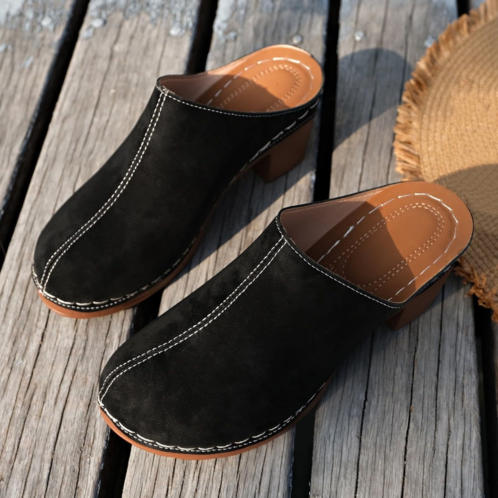 Generico Elegante Damen-Sandalen mit niedrigem Absatz – Damen-Sandalen vorne und offen hinten aus Wildleder, Vintage-Stil, große Schuhe und Plateauschuhe, elegant, leicht zu tragen, für den