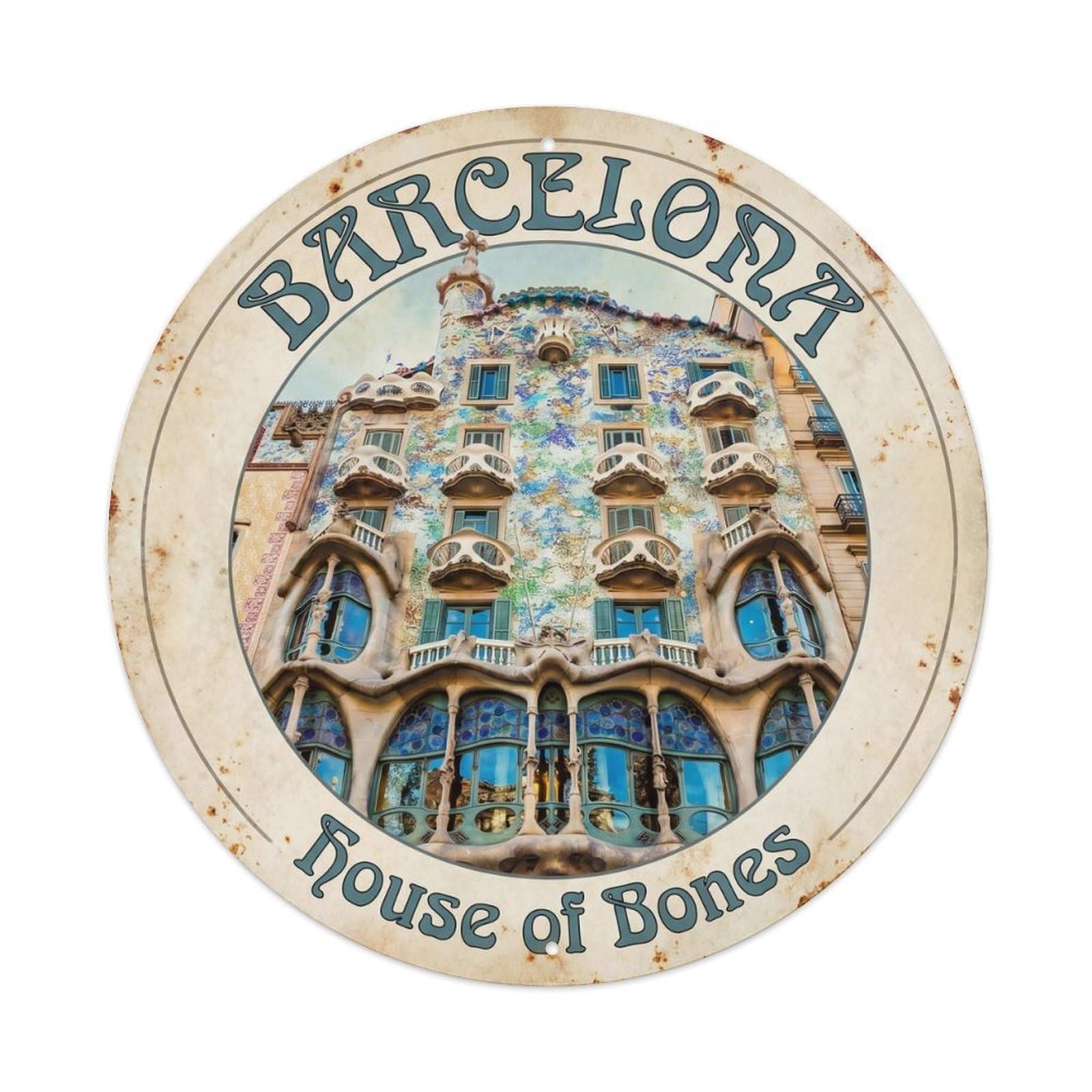 Vintage Travel Barcelona Casa Batllo Metal Tin Sign Plaque Wall Decor for Cafe, Club, Garden Round Metal Poster 8x8Inch