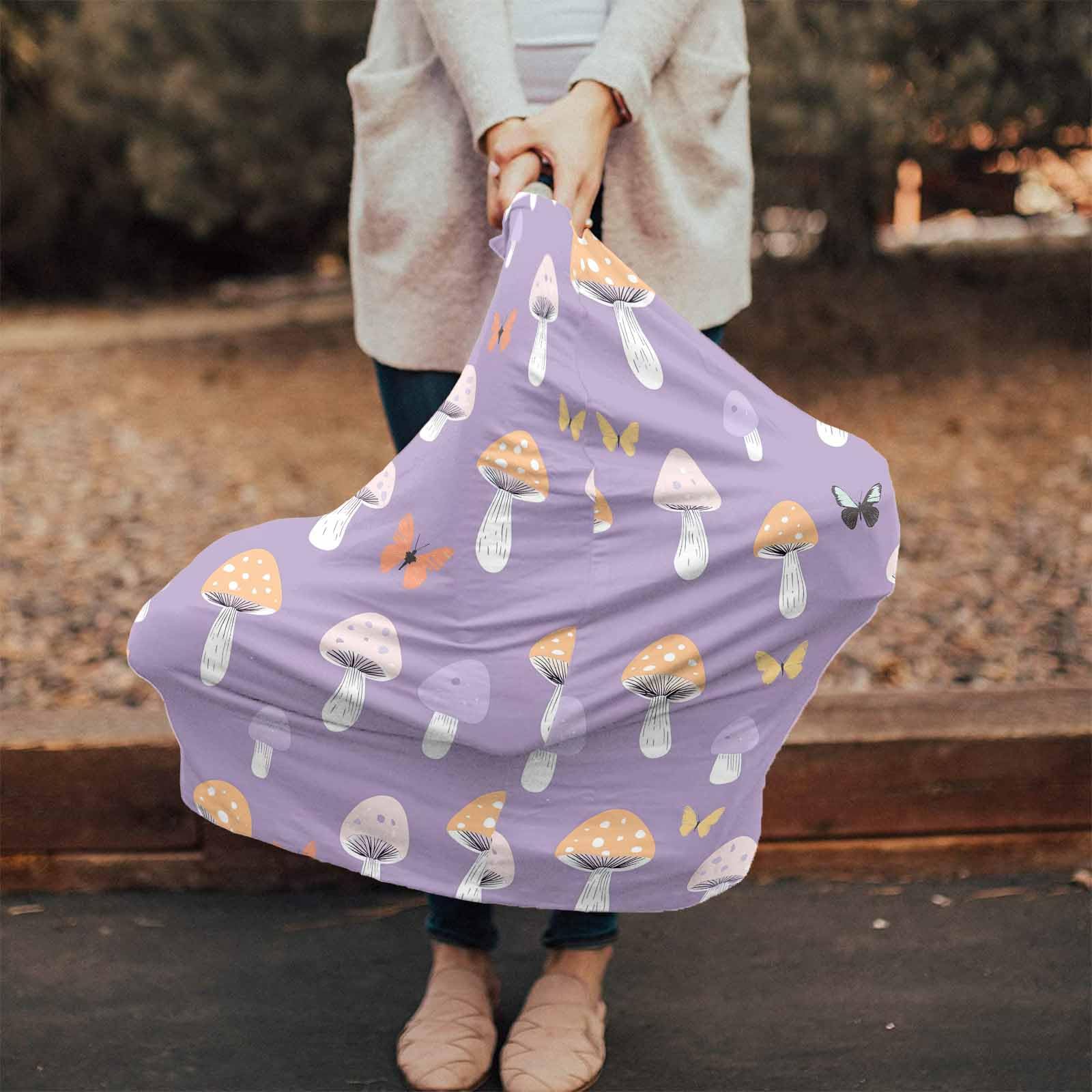 Nursing Cover for Breastfeeding Scarf, Hand Drawn Cartoon Mushroom Butterfly Purple Baby Car Covers Super Soft Multi Use for Canopy Shopping Cart Cover Blanket Stroller Cover