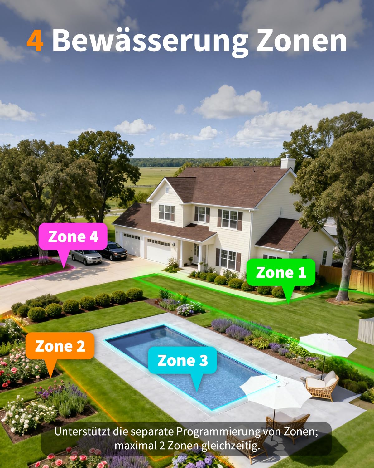 Diivoo Bewässerungscomputer 4 Ausgänge WLAN mit Messingeinlass, Smart Wasserzeitschaltuhr Garten kompatibel mit Alexa/Google Assistant, 24 Pläne, Regenverzögerung & Nebelmodus für Garten Rasen