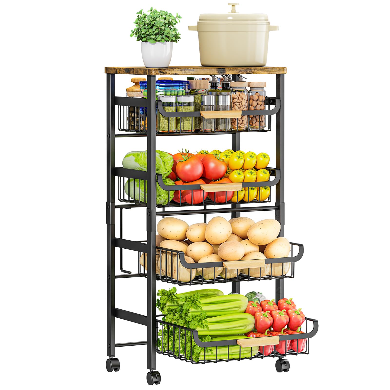 5-Tier Küchenwagen mit Rollen - Gemüseregal mit Holzplatte, stapelbaren Körben & 4 Lenkrollen (2 feststellbar), mobiler Servierwagen für Küche, Vorratsraum, Büro (Schwarz)