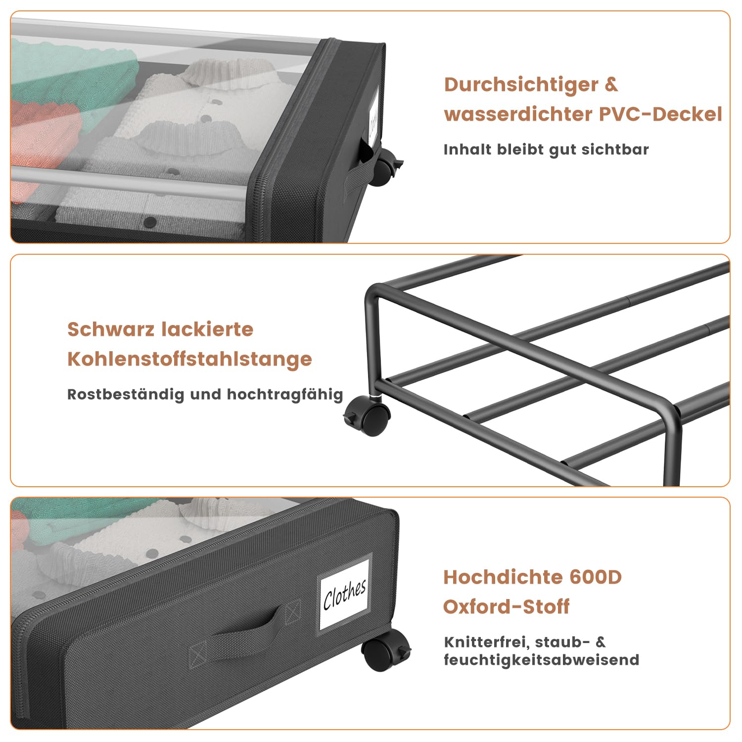 PHINOX Unterbett-Aufbewahrungsbehälter mit mit Rollen,2 Stück (74x42x16cm) -Schwarz Aufbewahrungsbox mit Klarsichtdeckel aus Stoff & Metall für Kleidung, Schuhe, Spielzeug Schuhaufbewahrungsbehälter