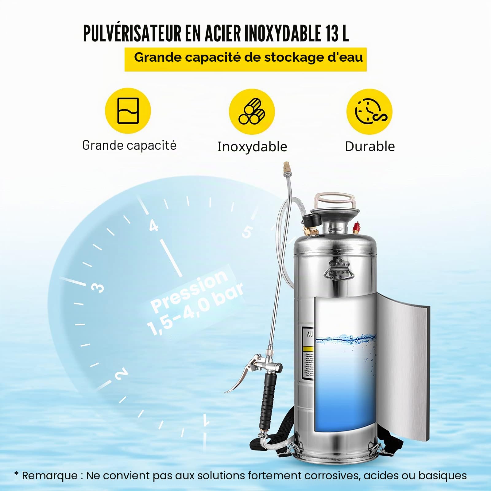 VEVOR Pulvérisateur 12L en Acier Inoxydable, pulvérisateur Manuel à Pompe, pulvérisateur de Jardin renforcé à Pression de 3,3 Pouces, pulvérisateur pour Jardinage Domestique et Nettoyage du Sol