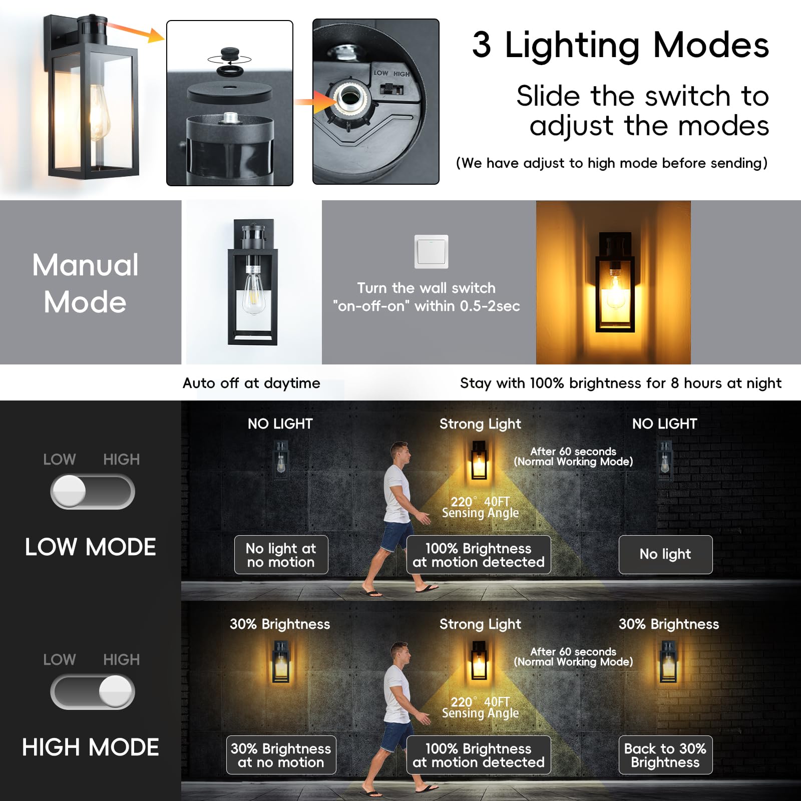 Luces de pared con sensor de movimiento para exteriores, aplique de pared de noche a amanecer, impermeable, soporte de pared para entrada, puerta, garaje, enchufe E27, activado por