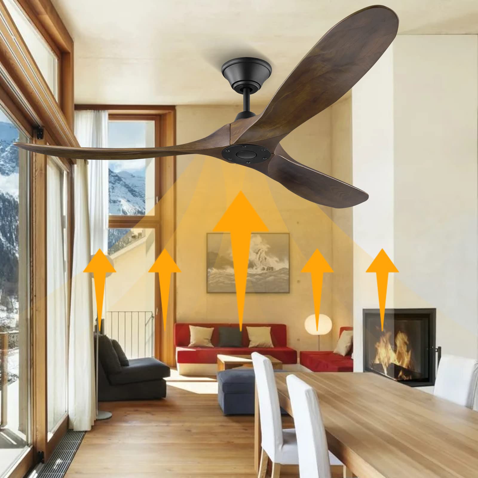 52 inch Outdoor Ceiling Fan with Remote, 3 Blade Ceiling Fans No Light Solid Wood Ceiling Fan, 6 Speed Reversible Modern Ceiling Fan for Patios Living Room Bedroom, Quiet DC Ceiling Fan Walnut