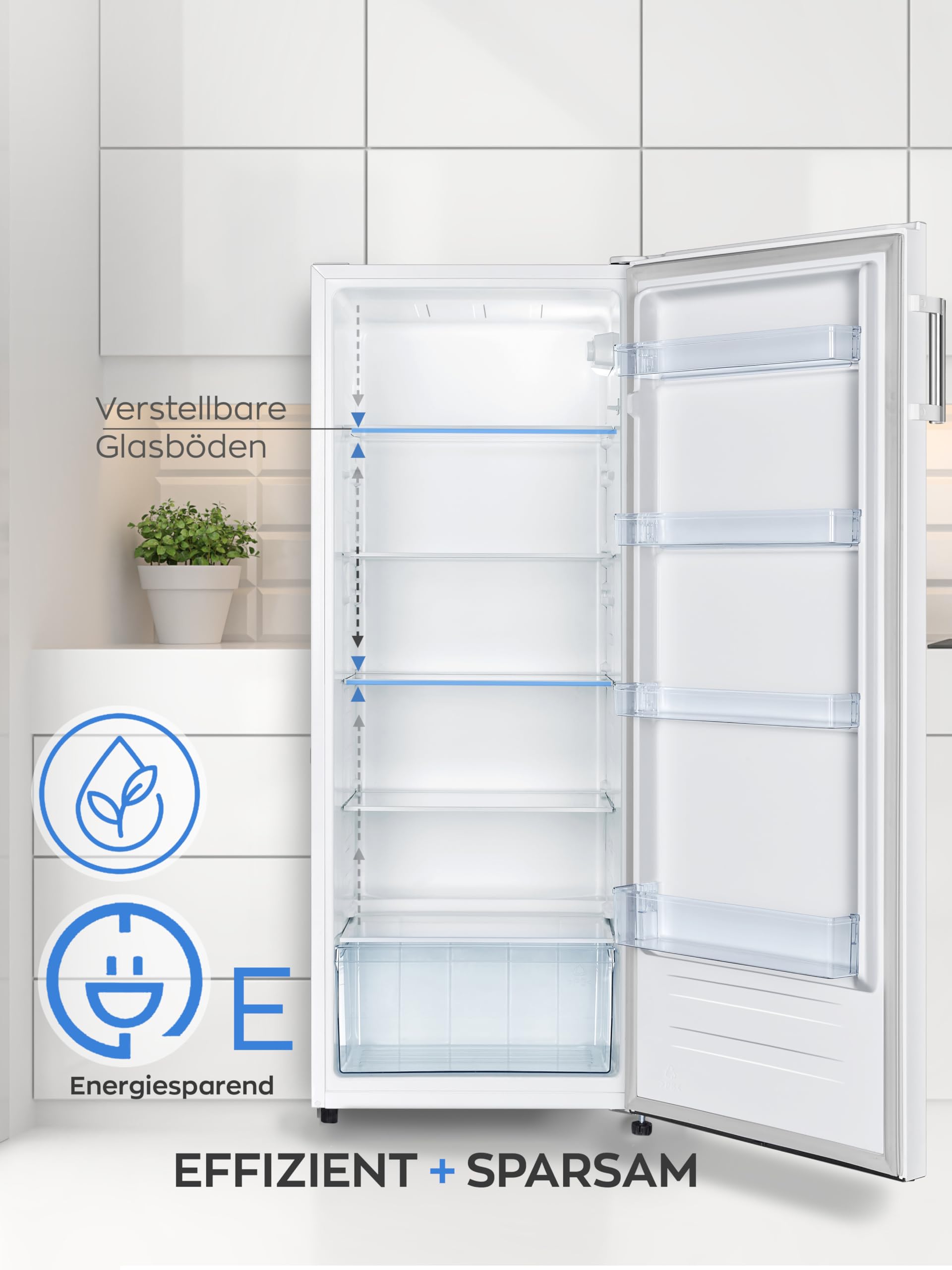 Heinrich´s freistehender Kühlschrank 242L, Standkühlschrank mit LED-Beleuchtung, 5 Glasablagen, Türanschlag wechselbar, leise 40dB, weiß