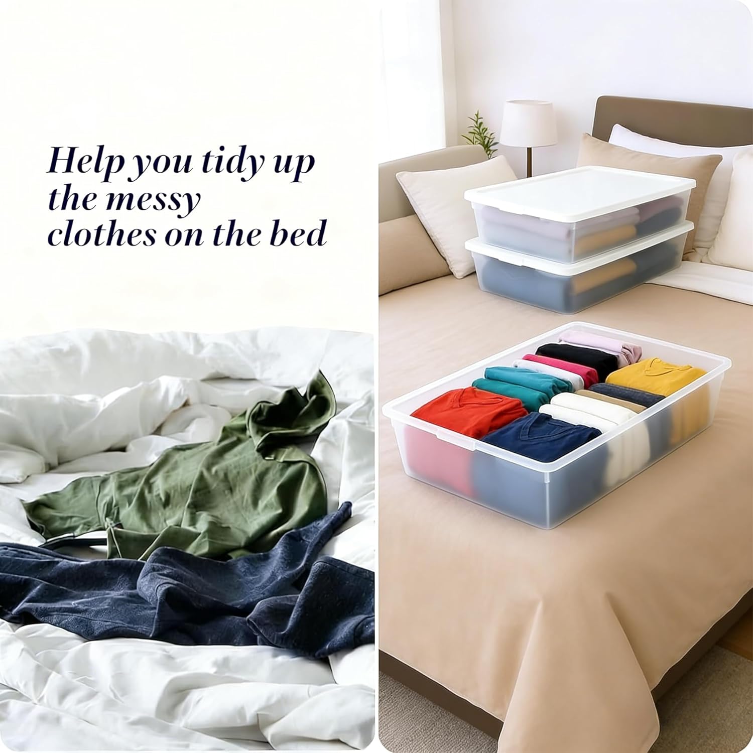 2 Pack Under Bed Storage Bin with Lid,41 Quart Clear Plastic Container for Clothes Linens,29.5x18x6 Inch Stackable Organizer Box with Snap-On Cover,Transparent Underbed Design