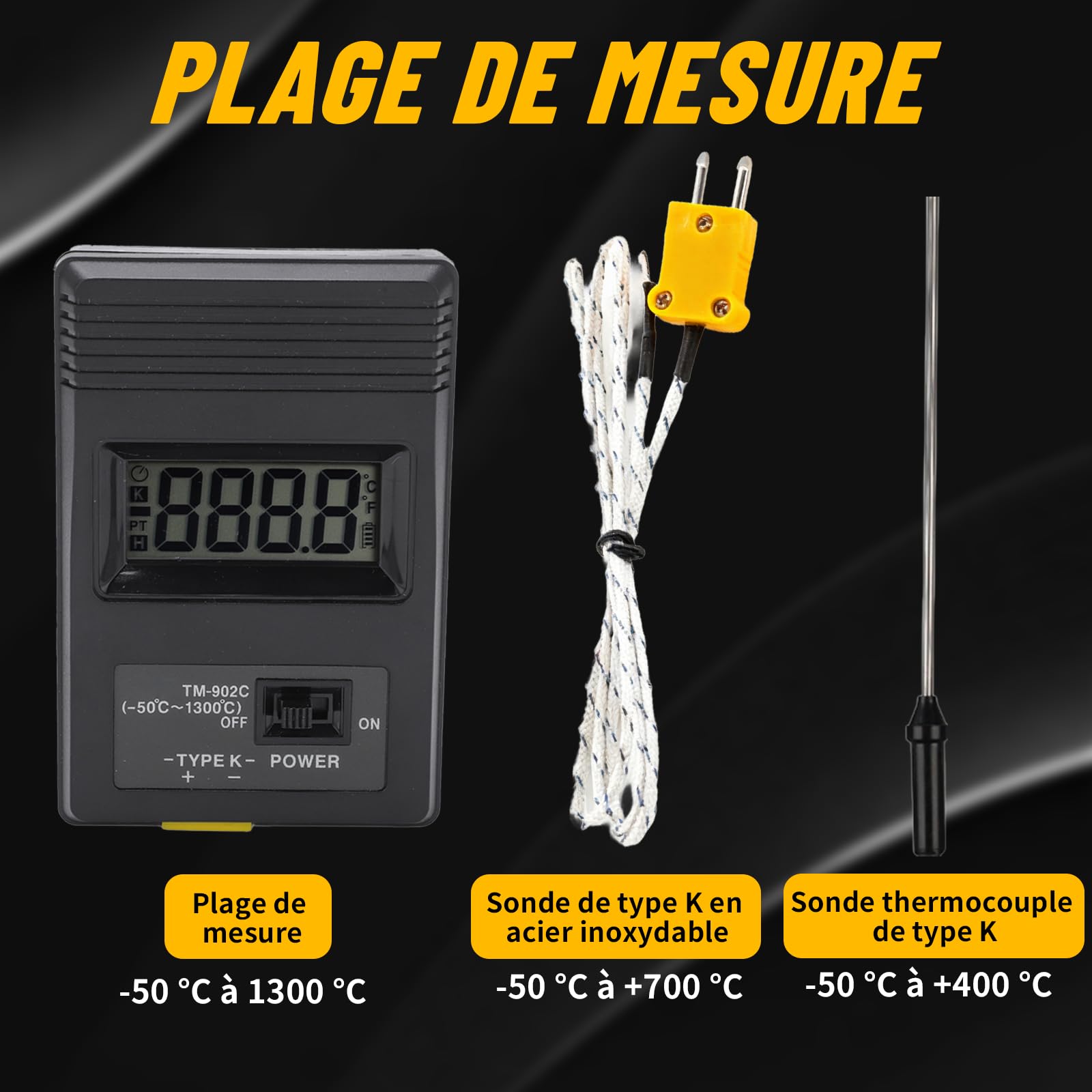 Type K Thermocouple Thermomètre, -50~1300℃ Thermomètre numérique Testeur de Température à Thermocouple Type K, Type De Contact Thermomètres Avec 2 Thermocouples pour Gaz, Liquides