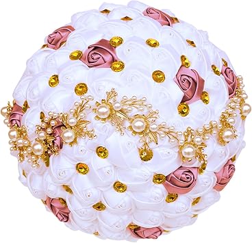 Bridal Bouquets for Wedding,Romantic Wedding Colorful Rose Bride s Bouquet,Satin Roses with Diamond Pearl Ribbon Bridal Bouquets 8.26in/21cm,White + Peach Pink