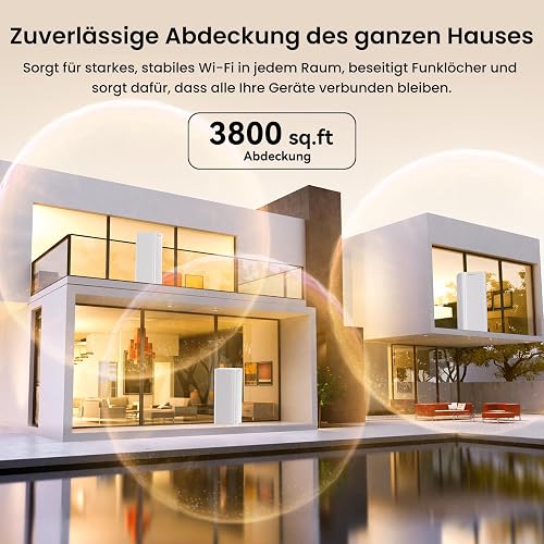 Tenda Nova ME3 Pro Wi-Fi 7 Mesh System (BE3600 Dualband 2882Mbit/s 5GHz, 688Mbit/s 2,4GHz) 3X Gigabit-Ports pro Einheit, VPN, NFC, 4K-QAM, WPA3, empfohlen für Häuser mit 3-4 Schlafzimmern, 2er-Pack - 5