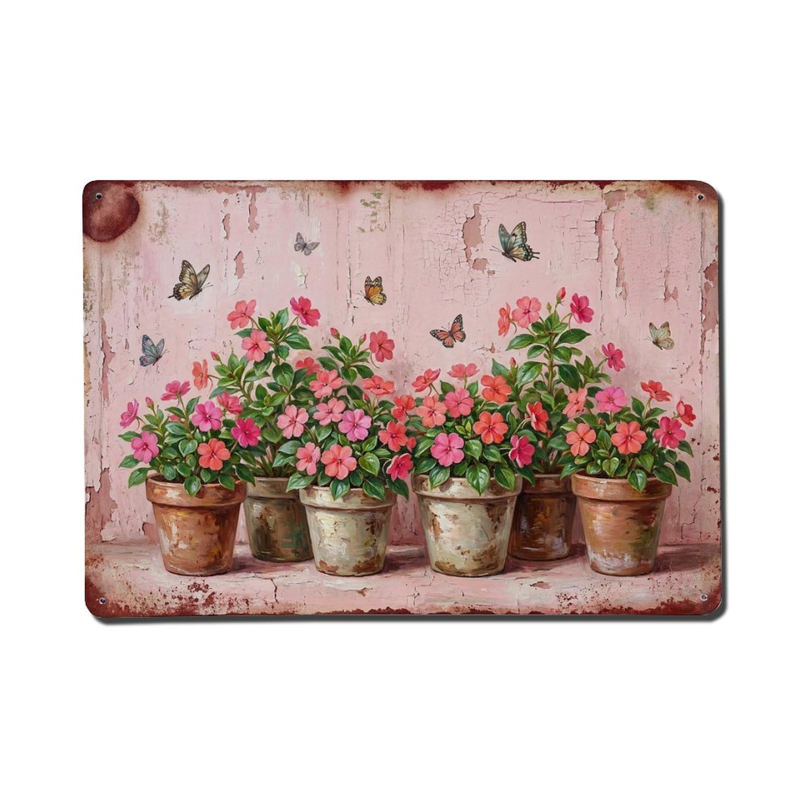 Vintage Rustic Flower Potted Plants Impatiens Metal Tin Sign