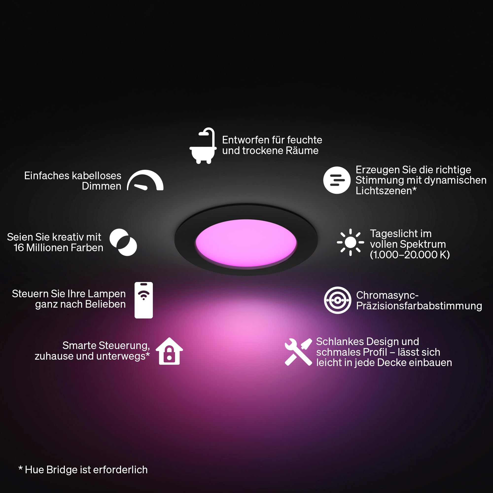 Philips Hue Slim Downlight, Smarte LED-Beleuchtung, 1.000 lm, 90 mm, Schlankes Design, Vollspektrum-Tagesl. 1.000–20.000 K, Extrem Stufenlos Dimmbar, Präzise Farbe, Smart Lighting, Schwarz, 3er-Pack