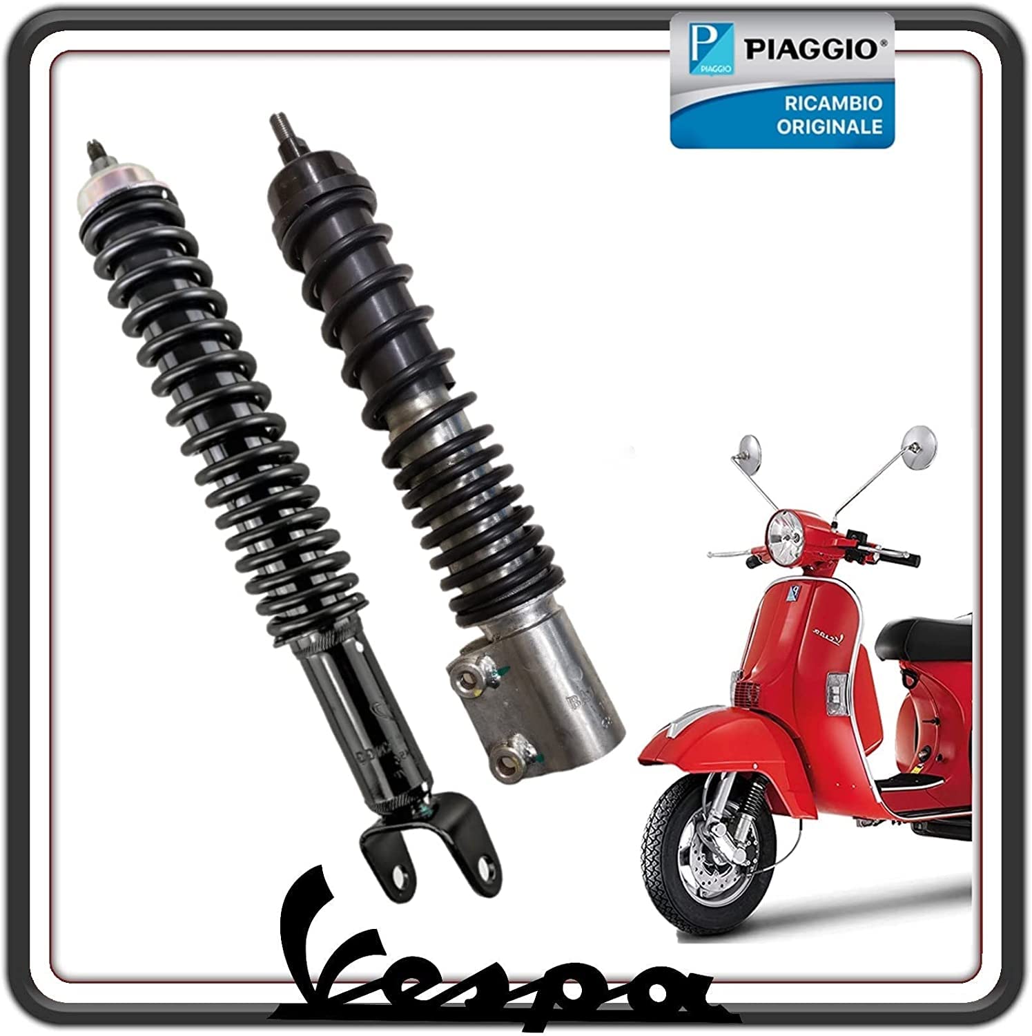 KIT COPPIA 2 AMMORTIZZATORE AMMORTIZZATORI ANTERIORE E POSTERIORE COMPLETI PER PIAGGIO VESPA PX 125-150 - 200 - VESPA ARCOBALENO ORIGINALE PIAGGIO.