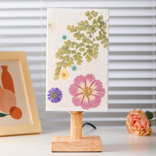 Miniatura 4 de Lámpara de mesa de flores secas 5W LED 3Color Temperaturas Pressed Flower Night Lamp Square Linen Shade con base de madera para dormitorio sala de