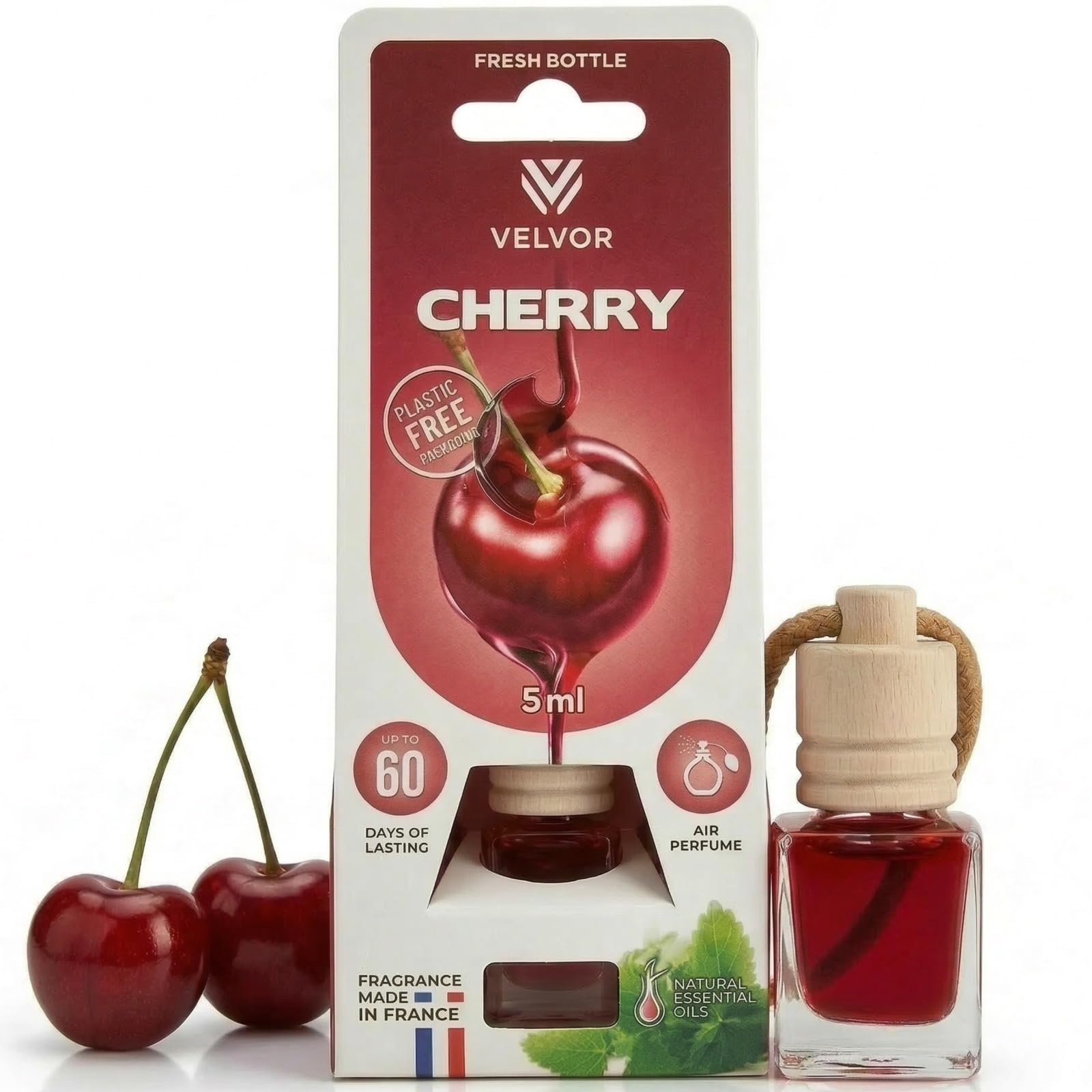 Velvor Car Air Freshener Wooden Diffuser 5ml – Made in France Hanging Car Perfume, Sweet Fruity Aroma, Long Lasting Wooden Cap Diffuser Up to 60 Days, Plastic-Free Packaging (Cherry)
