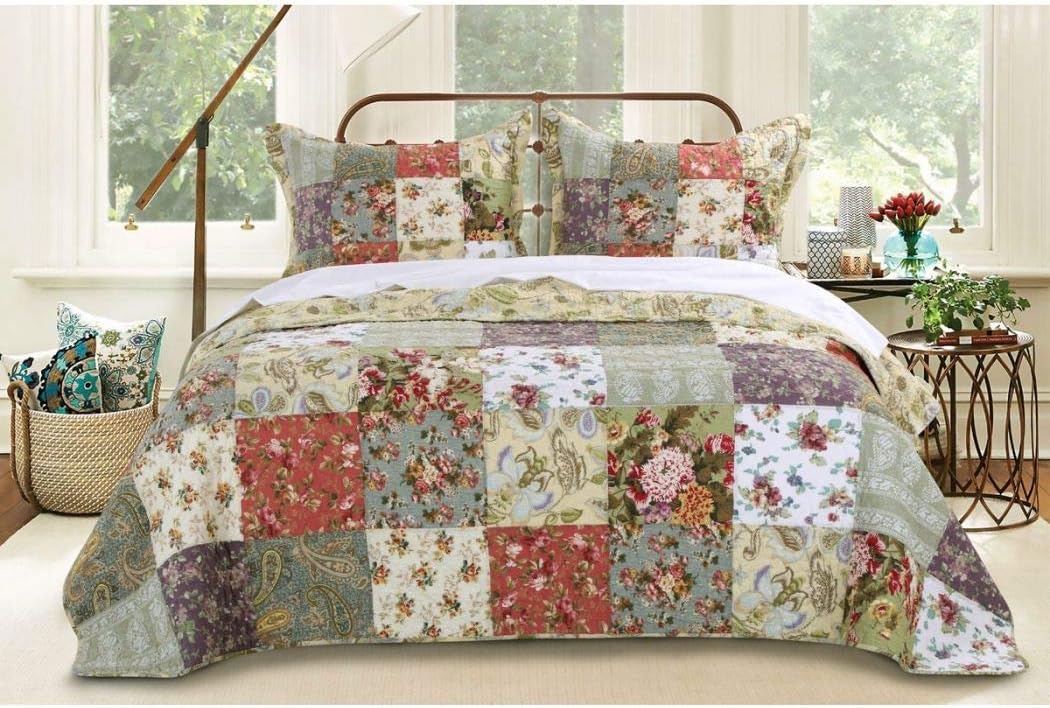 MISC 3pc Oversized King Bedspread Set Floor, Lavender Coral Rose Ivory White Green Blue, Colors, Floral Squares Pattern, Country Cottage Patchwork Quilt, 120 X 118
