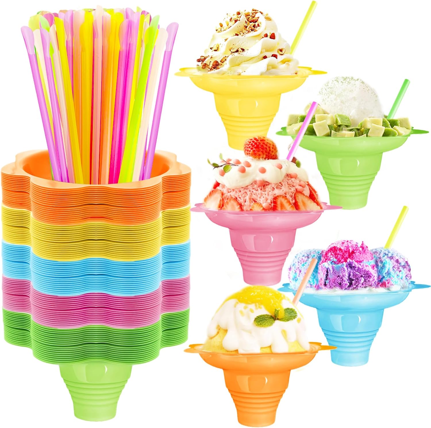 Qyyiguf 200Pcs Colorful Snow Cone Cups with Spoon Straws,4oz Plastic Flower Shaped Ice Cream Cup,Reusable Ice Cups Snack Bowls for Summer,Birthday,Party,Cookout,Food Service(5 Colors)