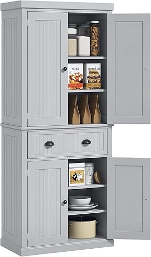 HOMCOM Despensa de cocina de 72 pulgadas, armario alto de almacenamiento, armario independiente con cajón, puertas y estantes ajustables, color gris