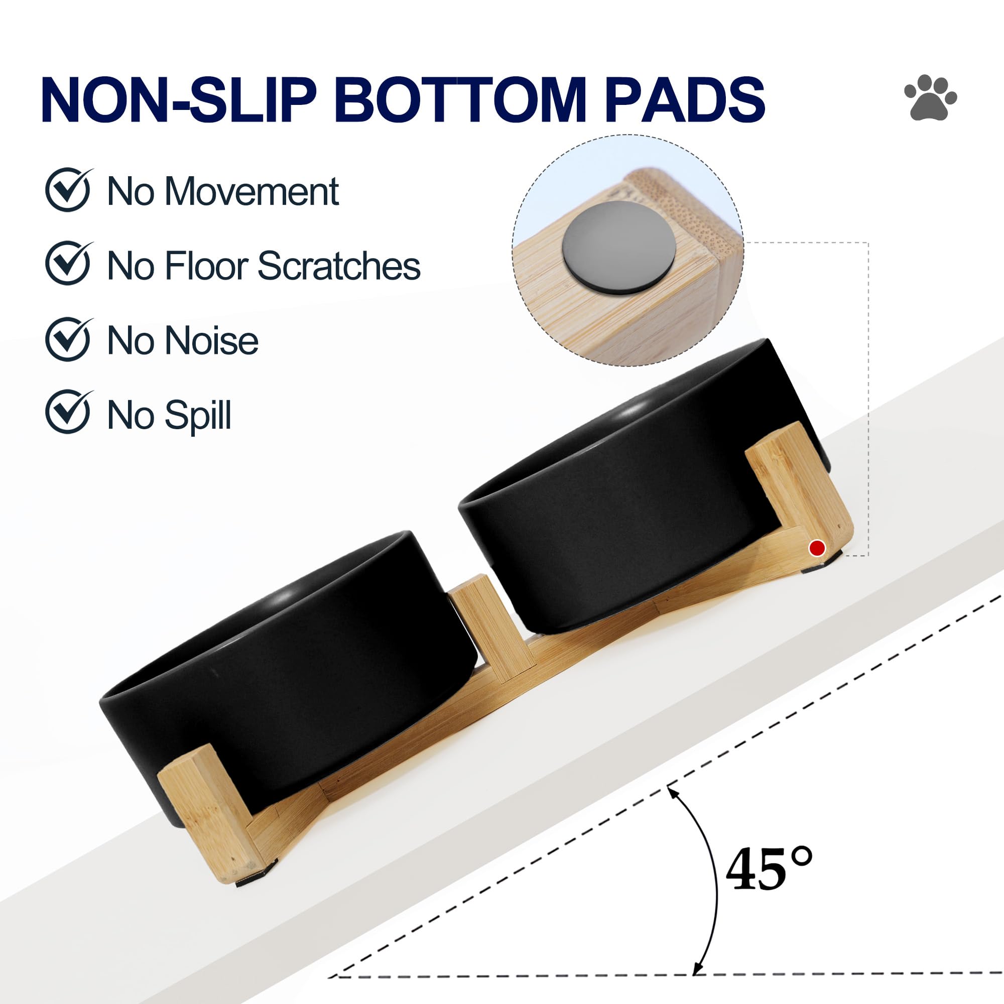 Ceramic Dog Water Bowl, 13.5 oz No Spill Water and Food Bowls for Dogs, Modern Design Dishes for Puppy & Cat, Pet Feeding Station with Weighted Base, Black