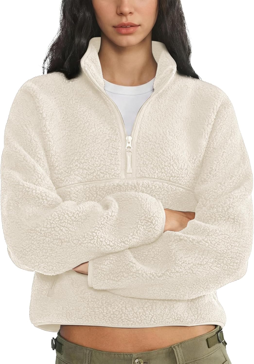 Fleece Sweatshirts for Women Cropped Long Sleeve Half Zip Pullover Sherpa Jacket Warm Fuzzy Coats with Pockets