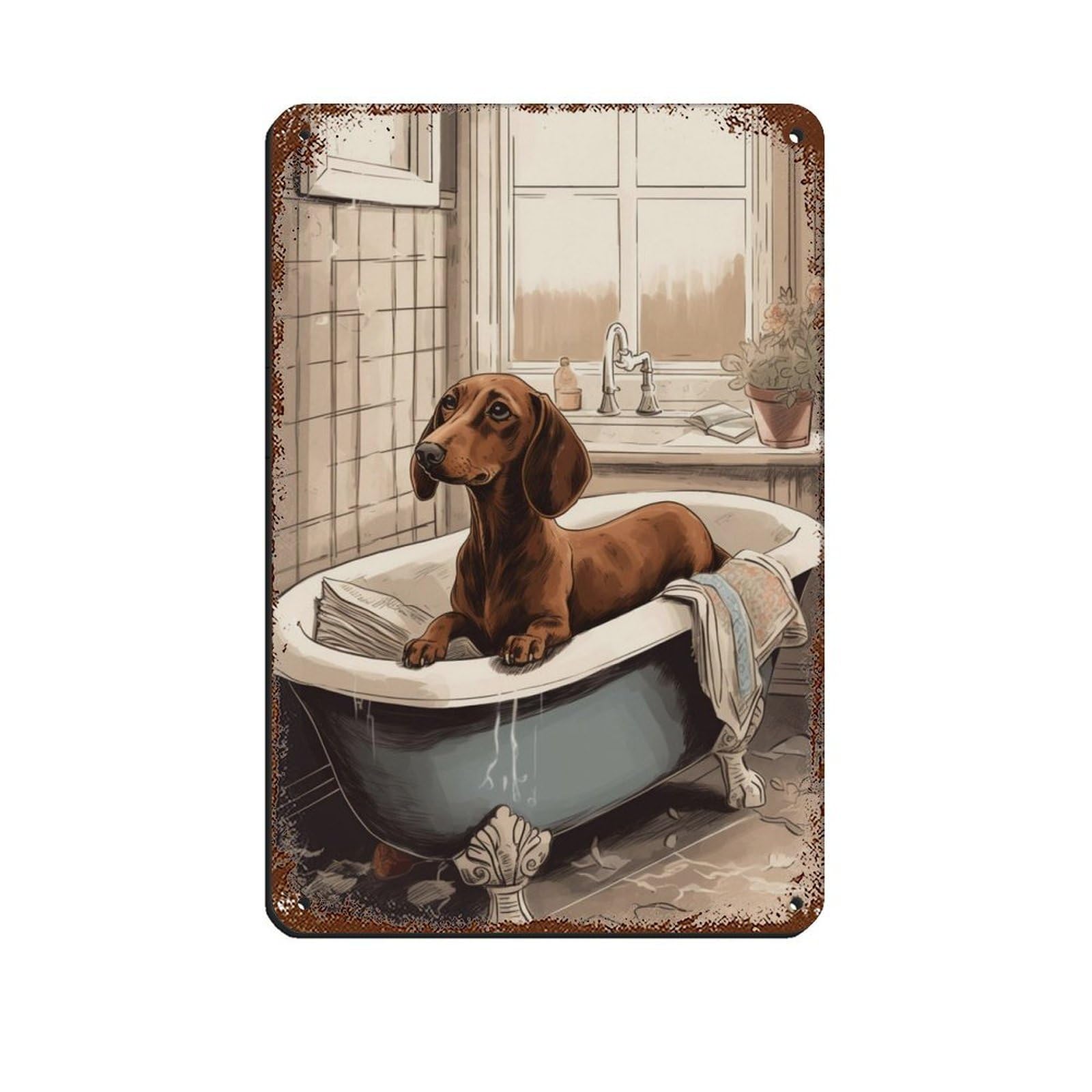 Dachshund in Bath, Bathroom Art Tin Sign Vintage Metal Pub Club Cafe Bar Home Wall Art Decoration Poster Retro 8x12inch(20x30cm)