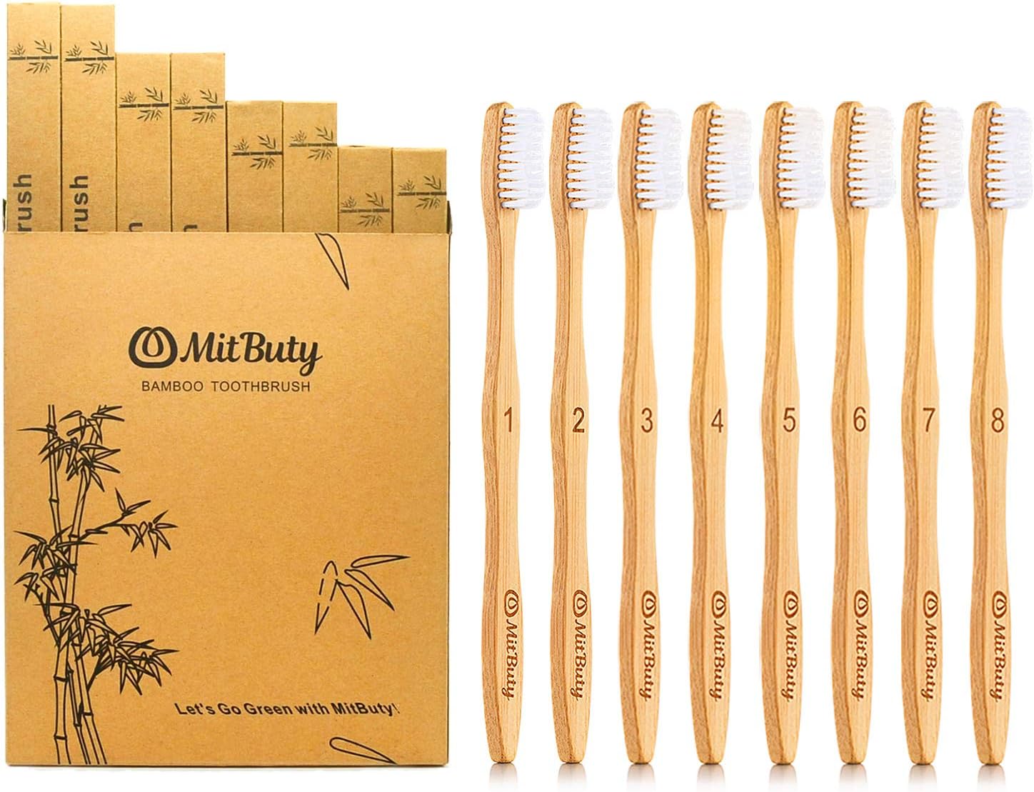 Bamboo Toothbrush - Gentle Soft, 8 Pack – Natural, Biodegradable, Eco-Friendly Toothbrush by MitButy