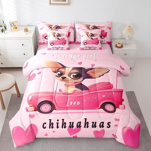 Erosebridal Puppy Chihuahua Queen Comforter Set 7 Piece Pink Kawaii Dog Bedding 