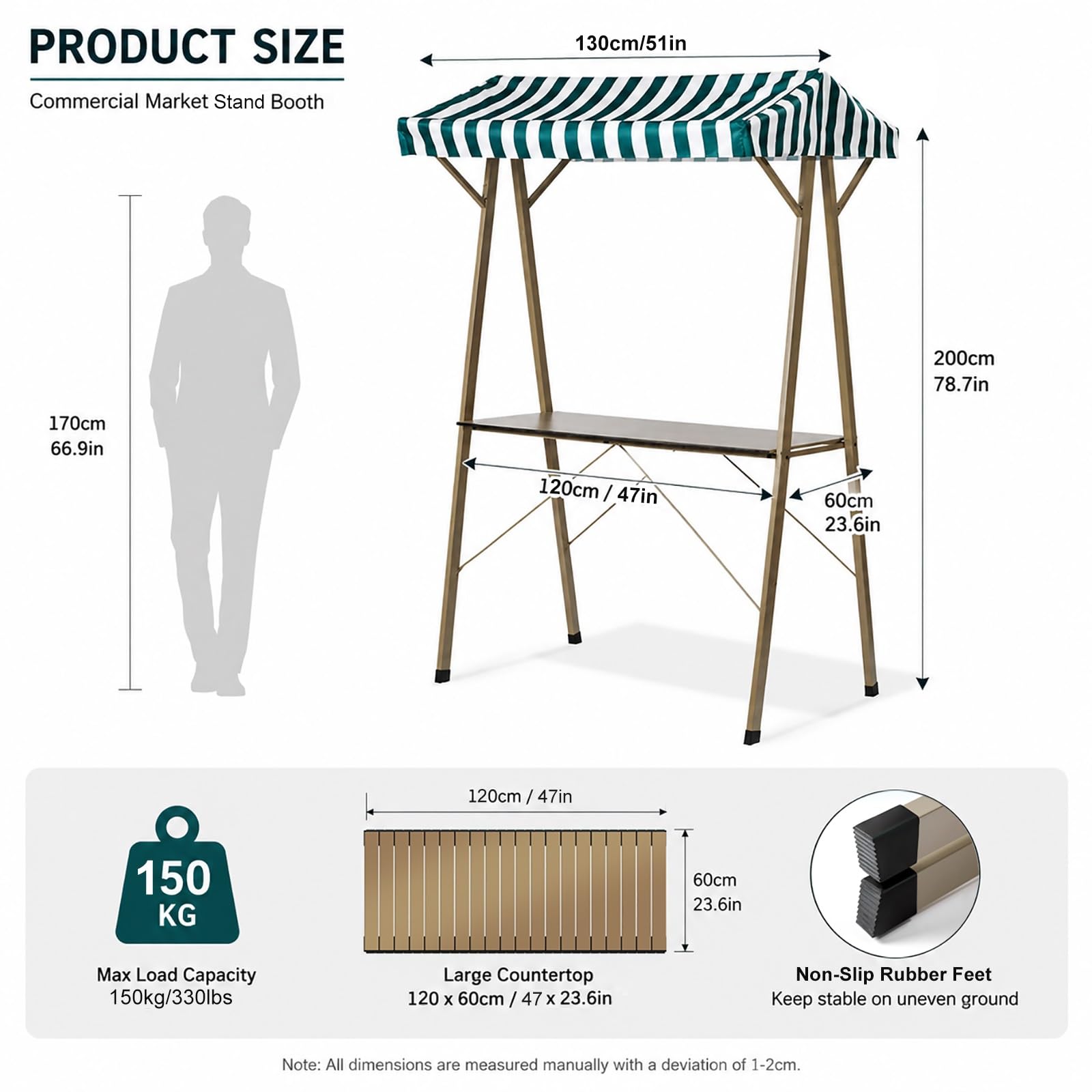 Puesto de Venta Plegable con Toldo, Puesto Ambulante Resistente para Mercado Agrícola, Stand de Venta con Mesa – Puesto para Ferias Exterior(130x60x200cm/51x24x79in)